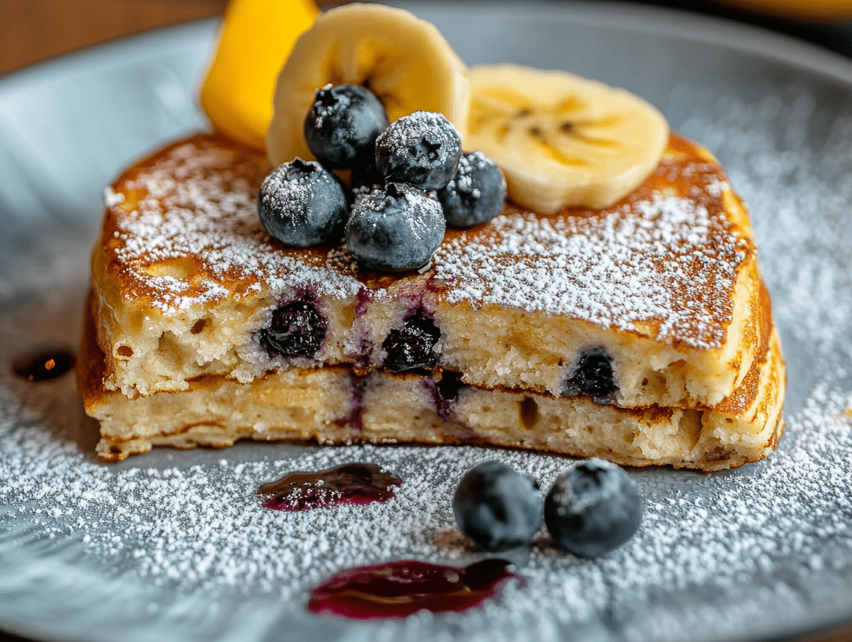 baked pancake with blueberry and slice of banana