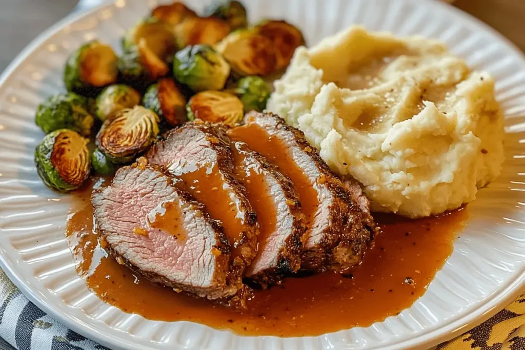 Sliced duck breast with orange sauce, mashed potatoes, and Brussels sprouts.