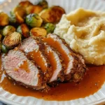 Sliced duck breast with orange sauce, mashed potatoes, and Brussels sprouts.