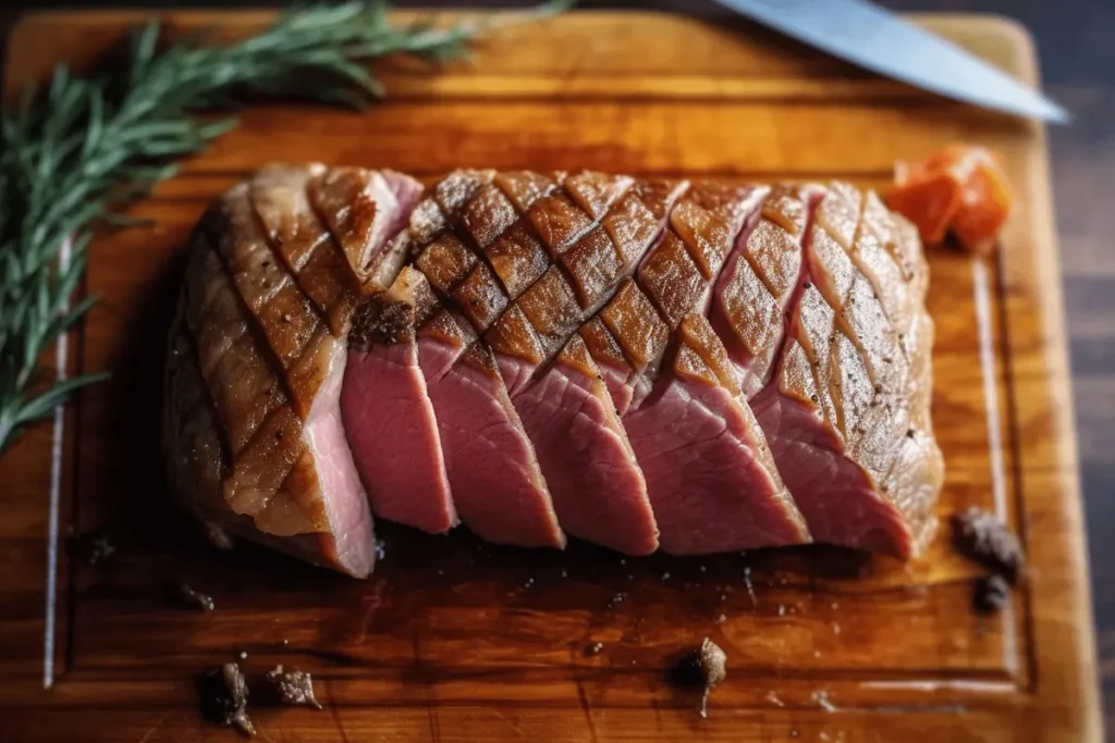 Checking the doneness of a duck breast with a meat thermometer.