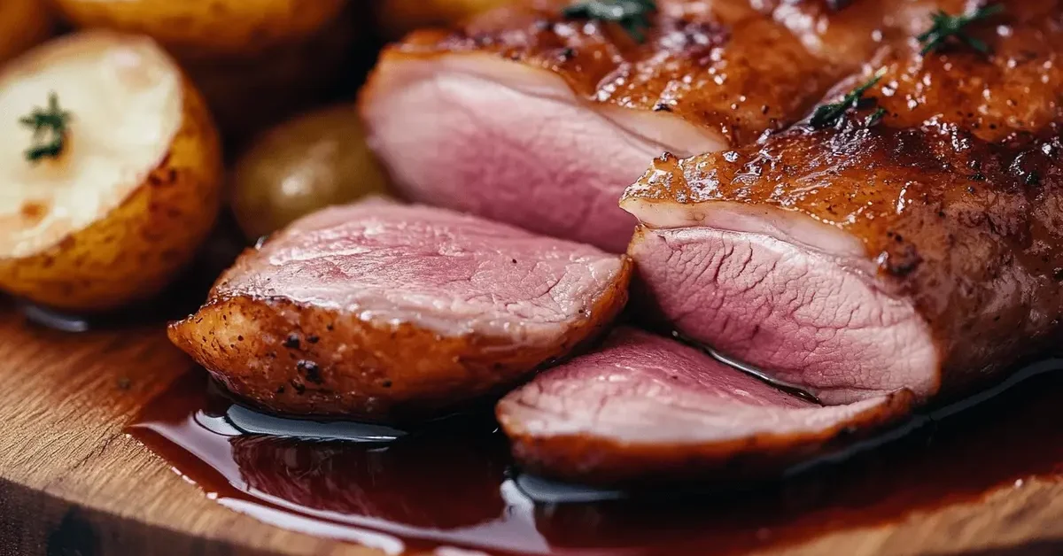 What is the best way to cook duck breasts? A crispy pan-seared duck breast sliced with red wine sauce and roasted potatoes.