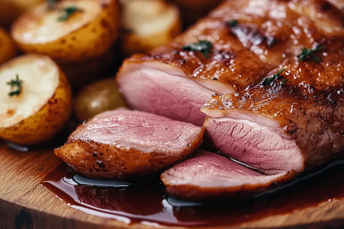 What is the best way to cook duck breasts? A crispy pan-seared duck breast sliced with red wine sauce and roasted potatoes.