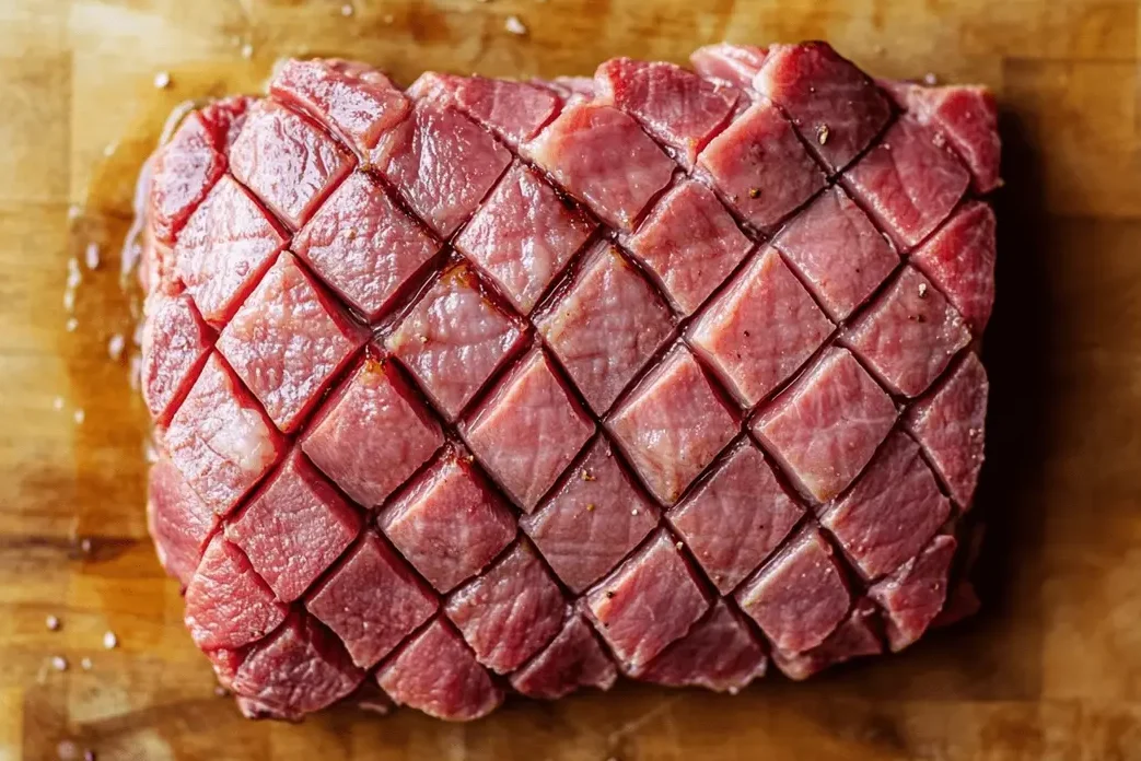 Scoring duck breast skin with a knife for even cooking.