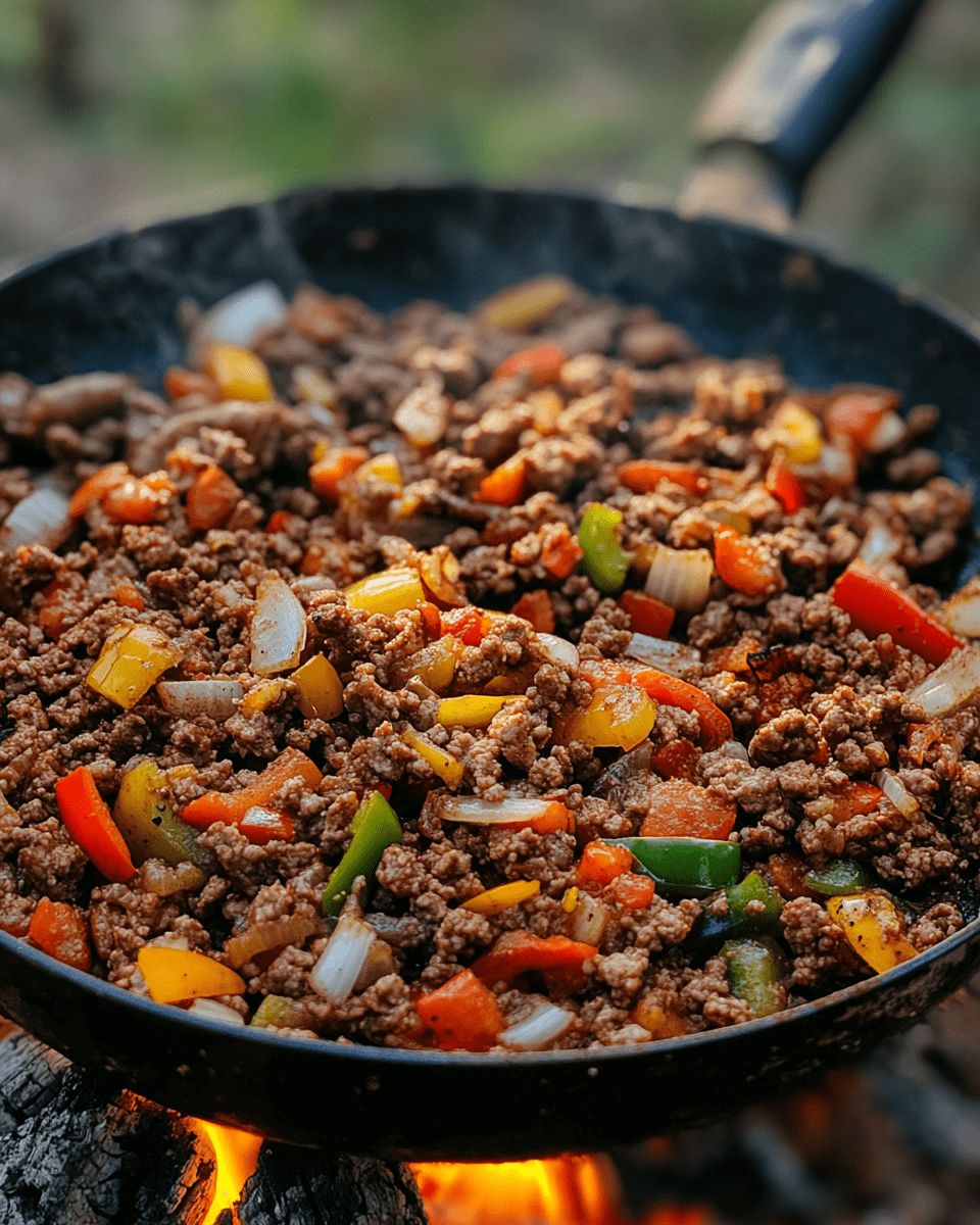 A vibrant and rustic outdoor image of Discada in a disco pan, featuring colorful vegetables, ground beef, and chicken sausages over an open flame.