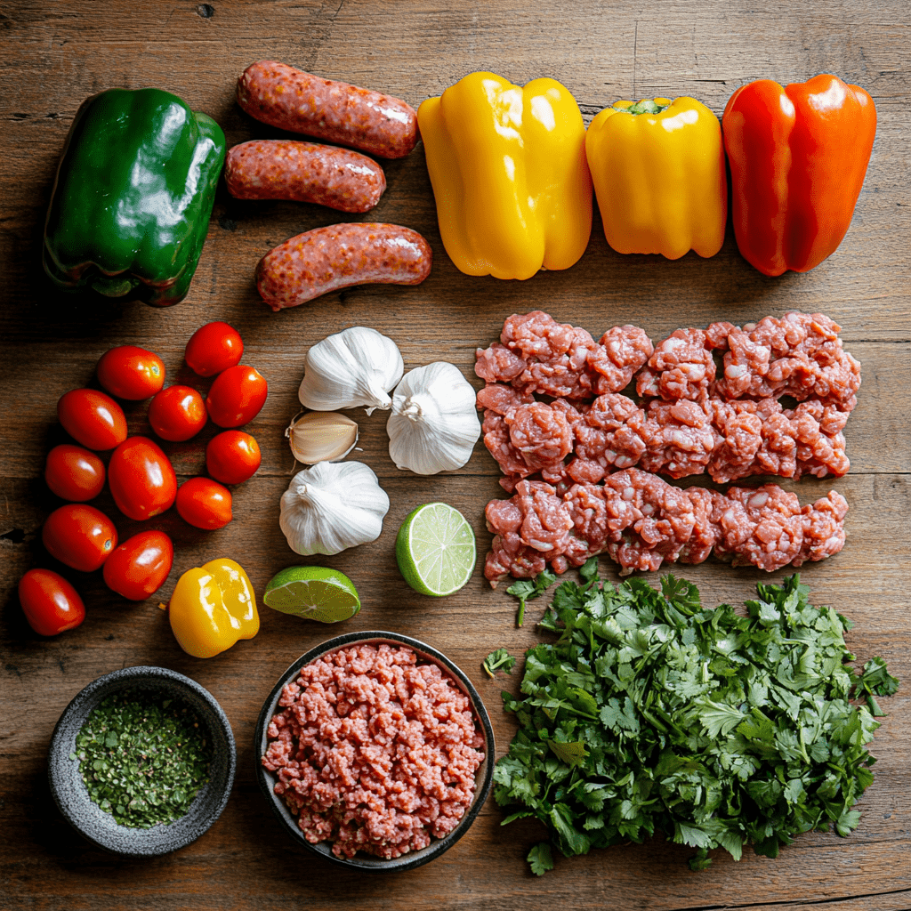 A flat-lay of Discada ingredients, including ground beef, chicken sausages, onions, bell peppers, poblano peppers, tomatoes, garlic, and lime.