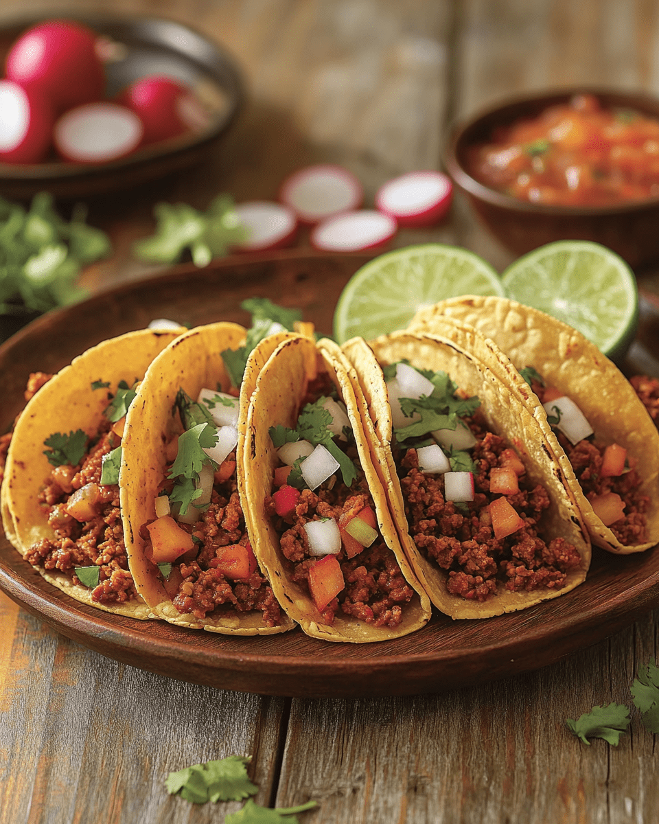 A plate of Discada tacos served with cilantro, onions, and lime wedges on a rustic table.