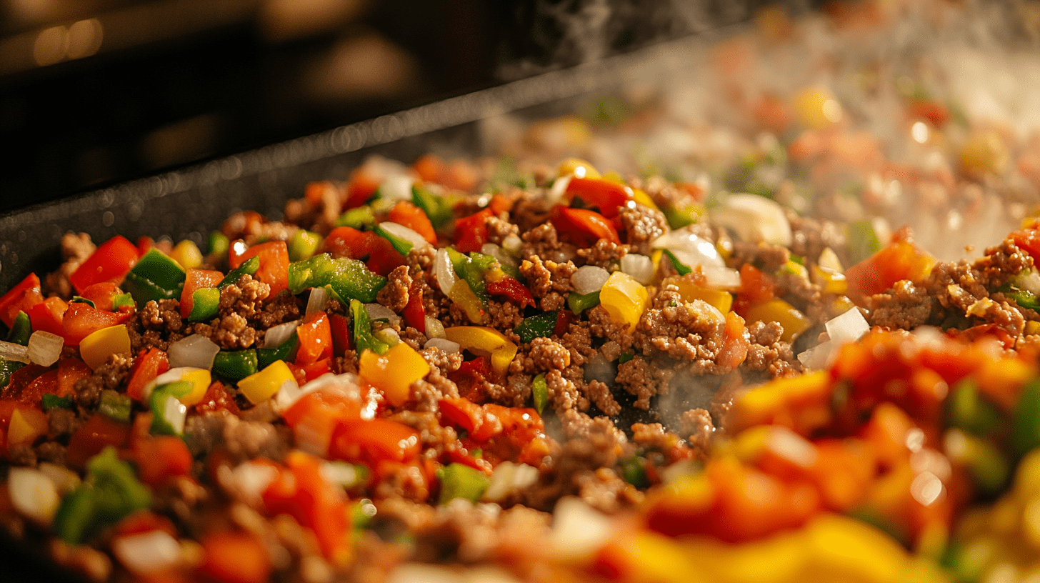 A close-up of Discada cooking in a disco pan, featuring colorful vegetables and ground beef being stirred together.