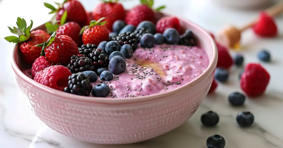 Blended Overnight Oats - A bowl of blended overnight oats with fresh berries and honey