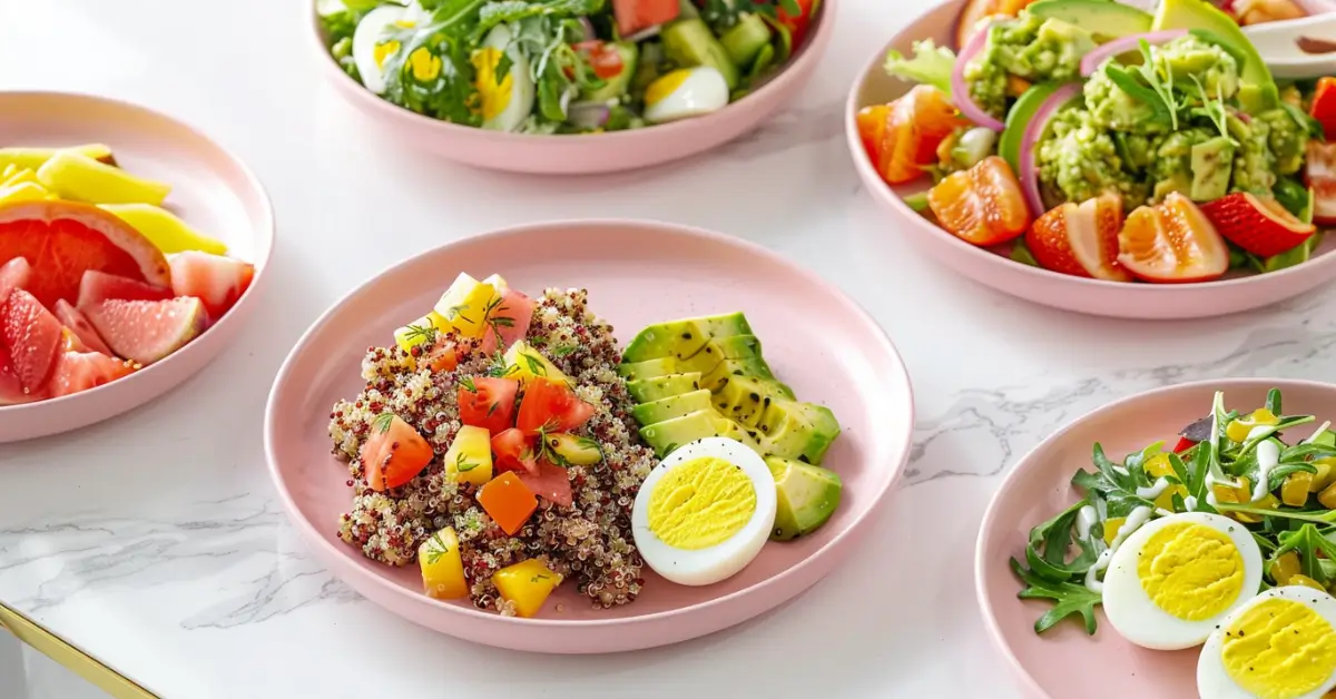 Brunch Salad - A vibrant brunch salad spread with Mediterranean quinoa, avocado egg salad, and fruit