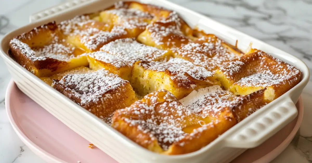 French Toast Casserole - Golden-brown French toast casserole in a white baking dish, topped with powdered sugar and syrup.