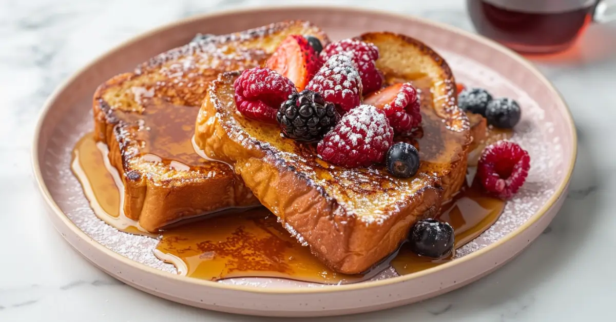 French toast without milk or eggs - French toast without milk or eggs topped with fresh berries and syrup.