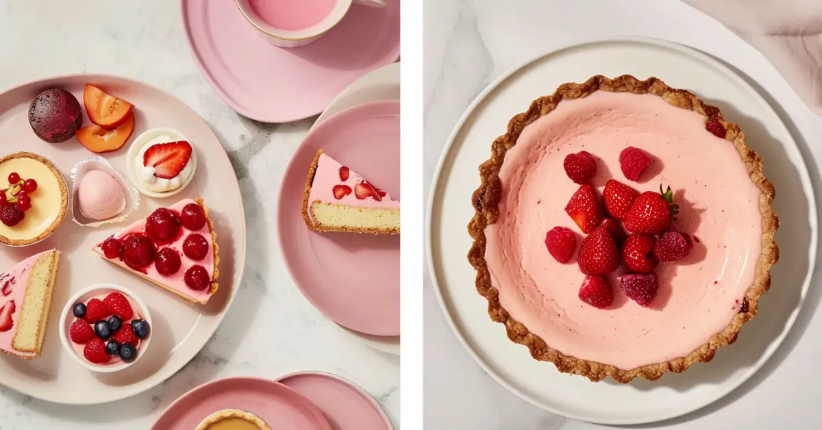 What are the 4 main desserts - Classic dessert platter with cake, tart, pie, and pudding on a white marble countertop.