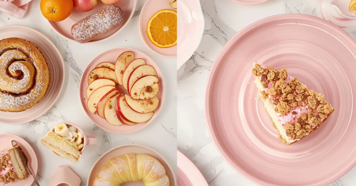 What is a nice light dessert - Pastel-themed dessert spread with apple coffee cake and orange rolls.