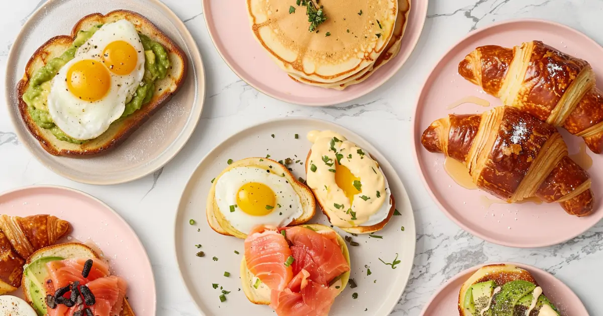 What is the most popular brunch dish - Classic brunch spread with Eggs Benedict, pancakes, and smoked salmon croissants.