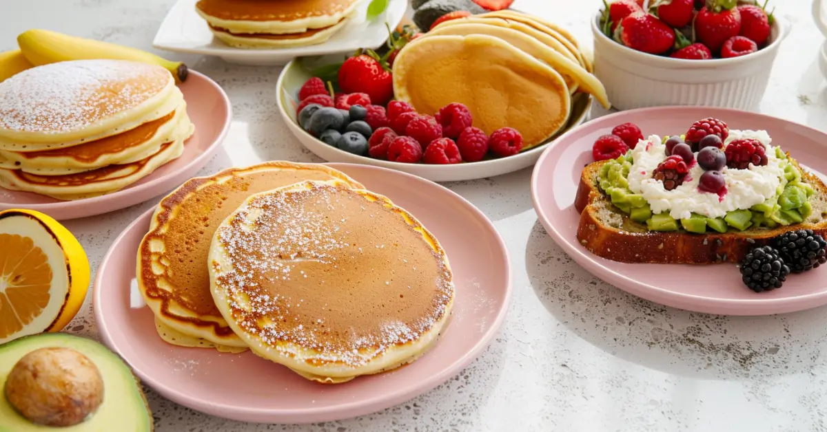 What is typically served at brunch - A colorful brunch spread featuring pancakes, toast, and fruit.