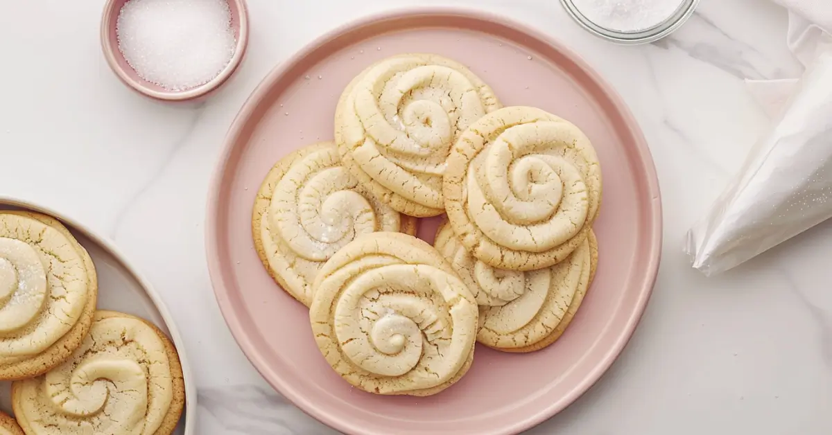 Freshly baked gluten-free sugar cookies on a pink ceramic plate.