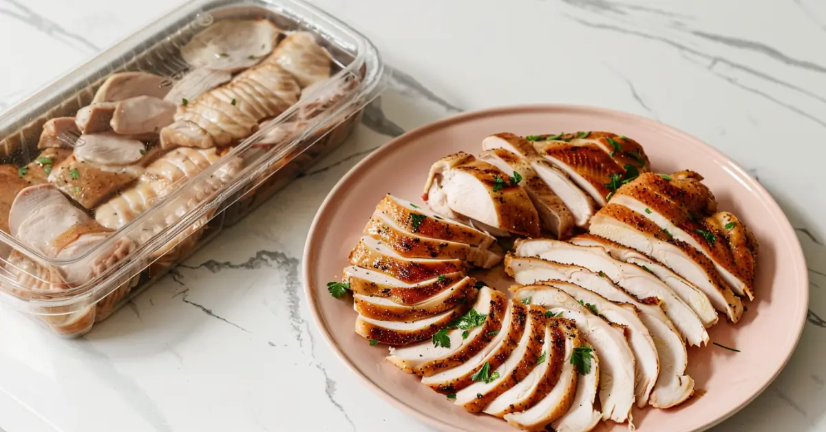 how long can cooked chicken sit out - Cooked chicken neatly sliced on a plate with a storage container.