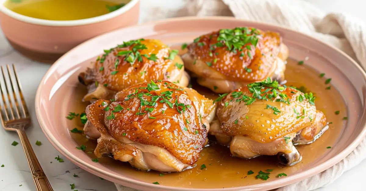 how long to boil chicken thighs - Perfectly boiled chicken thighs garnished with herbs on a plate.