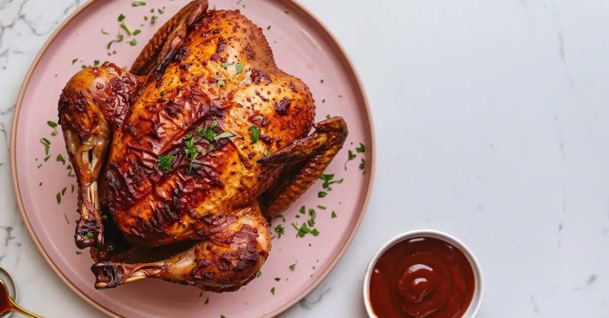 how long to smoke a whole chicken - Smoked whole chicken with crispy skin and a side of BBQ sauce.