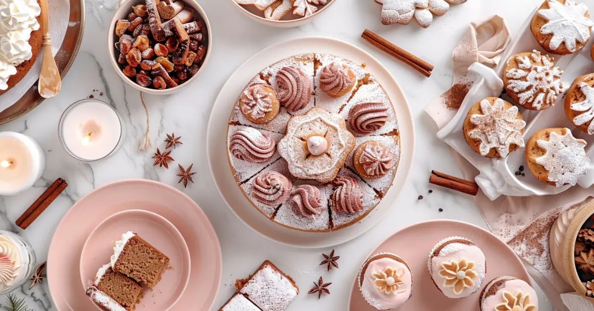 winter desserts - A cozy table filled with winter desserts like gingerbread and sticky toffee pudding.