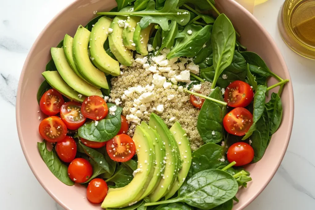 Brunch Salad - Fresh brunch salad being assembled with spinach, tomatoes, avocado, quinoa, and feta.