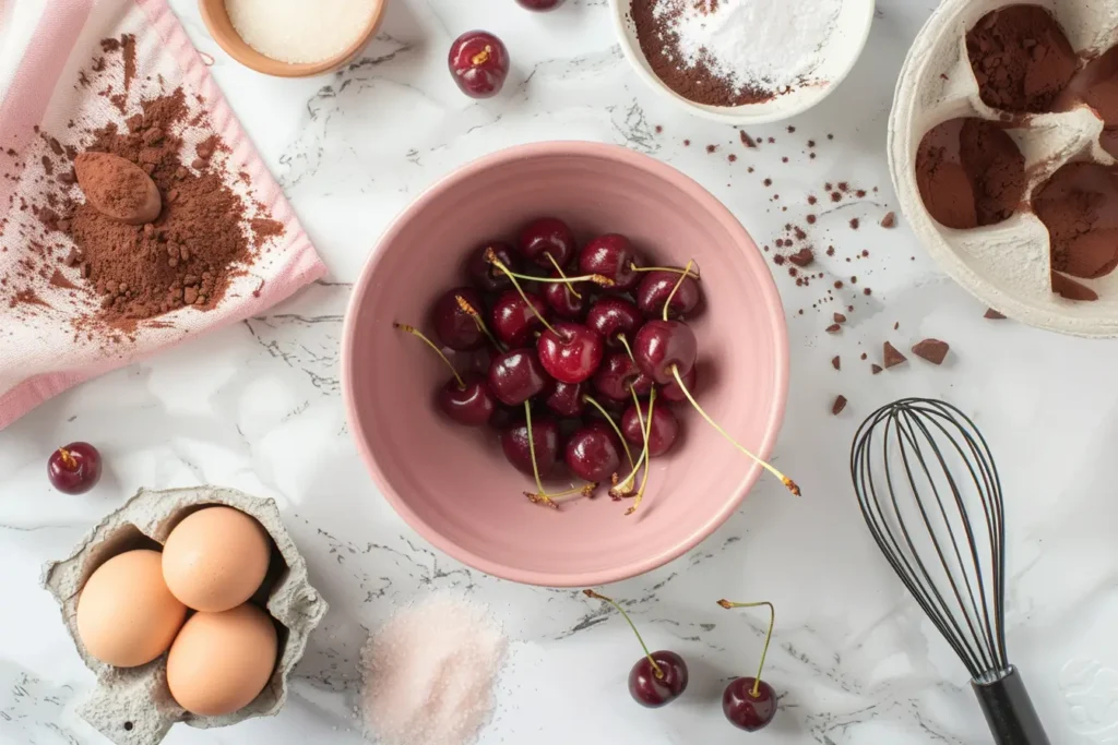 Chocolate Cherry Cake - Ingredients for Chocolate Cherry Cake – cherries, cocoa, eggs, and sugar.