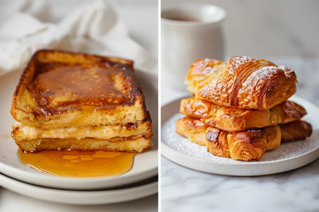 French Toast Casserole - Side-by-side comparison of brioche and croissant French toast casserole.