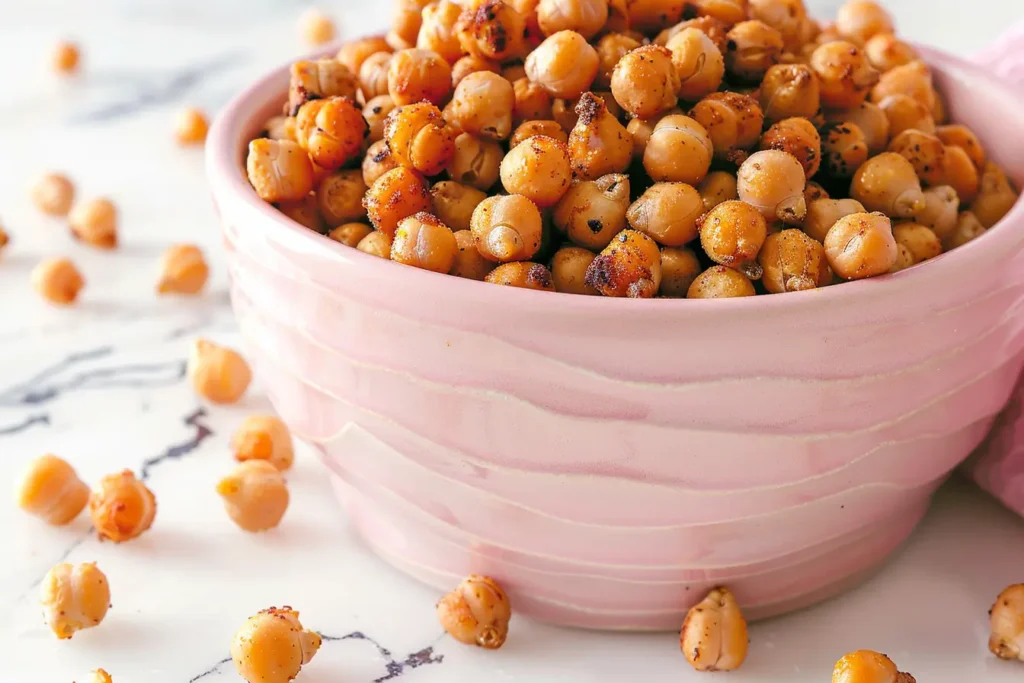 What are some good gluten and dairy free snacks - Crispy roasted chickpeas in a pastel pink bowl.