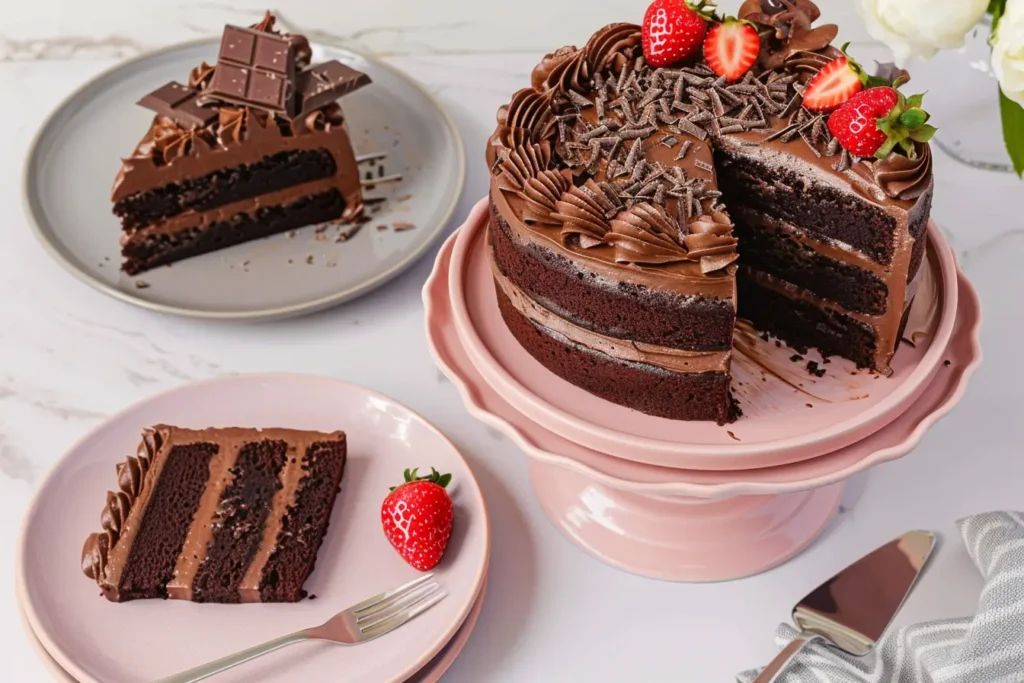 What are the 4 main desserts - Layered chocolate cake with chocolate shavings and strawberries on a pink ceramic stand.