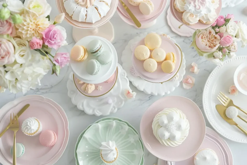 What desserts are good for bridal brunch - Pastel-themed bridal dessert table with pavlovas and macarons.