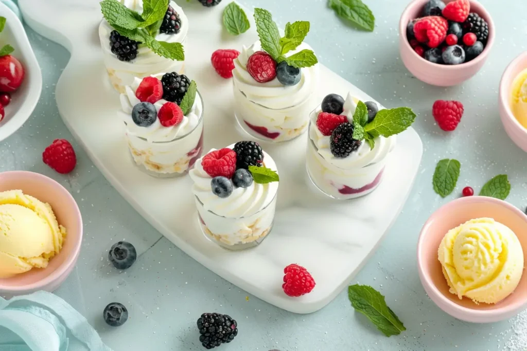 What is a nice light dessert - Greek yogurt parfaits and lemon sorbet on a white marble platter.