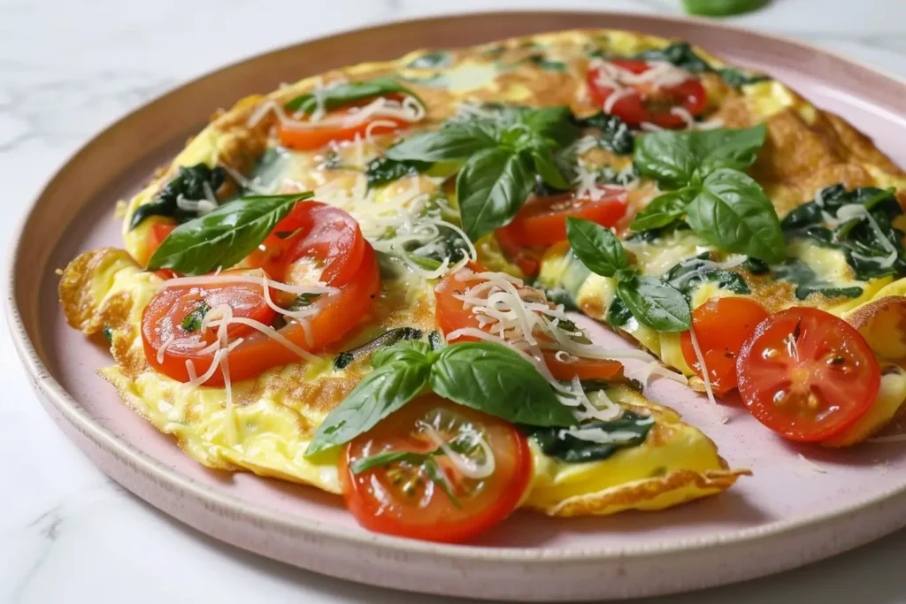 What is typically served at brunch - A savory omelet with tomatoes, spinach, and cheese.