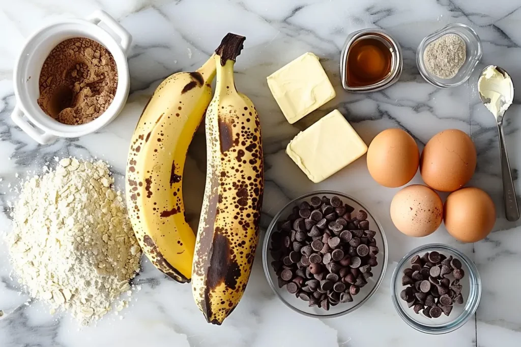 banana chocolate chip cake - Ingredients for banana chocolate chip cake including bananas, flour, sugar, and chocolate chips