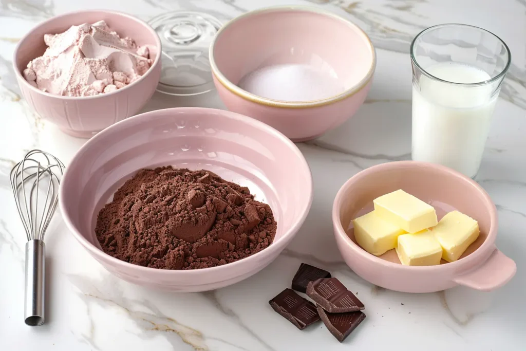 chocolate cobbler recipe - Key ingredients for making a homemade chocolate cobbler.