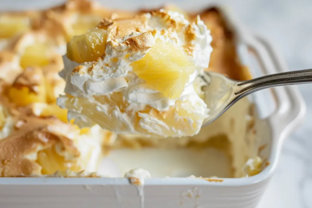 easy pineapple dessert - Spoon lifting pineapple dream dessert