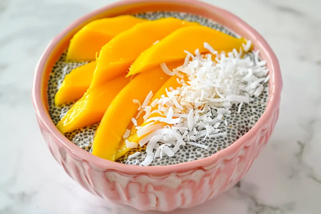 gluten and dairy free desserts - Coconut mango chia pudding with fresh mango