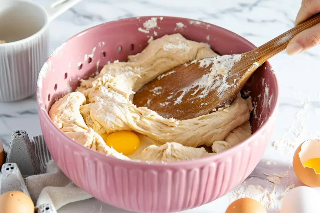 Mixing gluten-free cookie dough in a pink ceramic bowl.