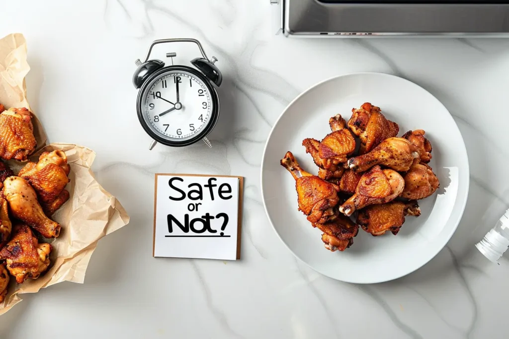 how long can cooked chicken sit out - Plate of cooked chicken with a clock showing 2 hours.