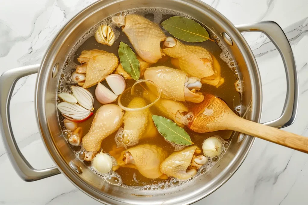 how long does it take to boil chicken - A pot of boiling water with chicken, garlic, and onions.