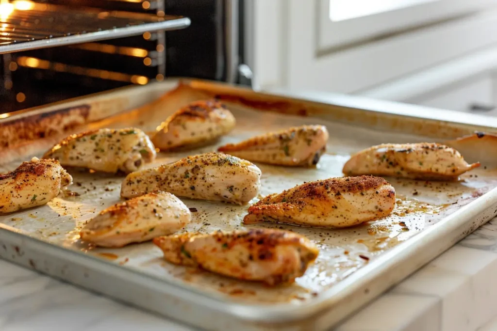 how long to bake chicken tenderloins - Juicy sliced chicken tenderloin on a plate.