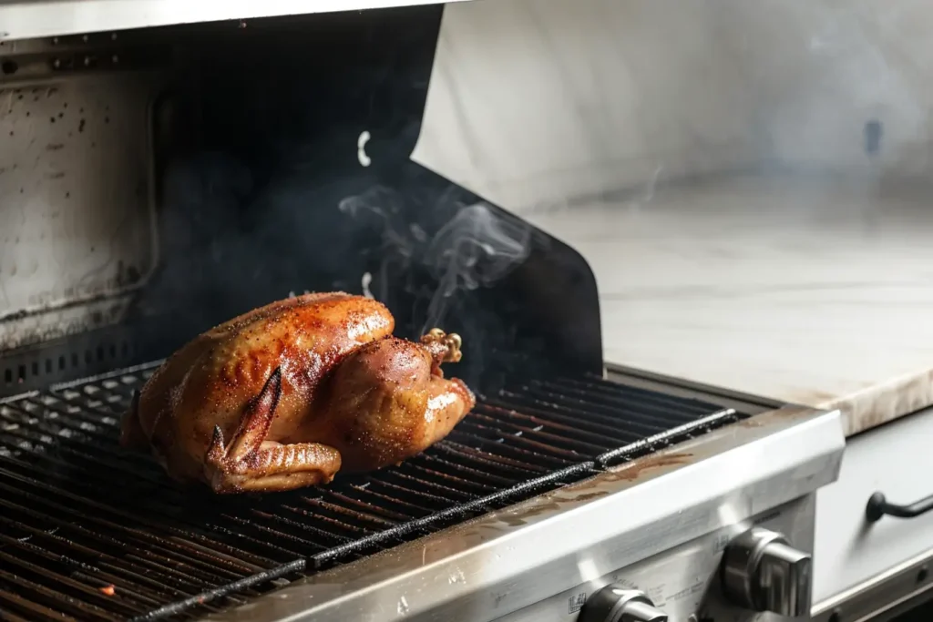 how long to smoke a whole chicken - Whole chicken smoking inside a grill with rich wood-fired smoke.