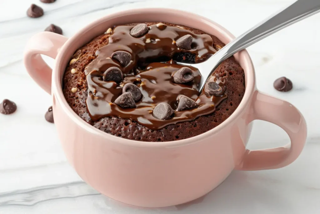 single serve desserts - Spoon scooping into a gooey chocolate mug cake