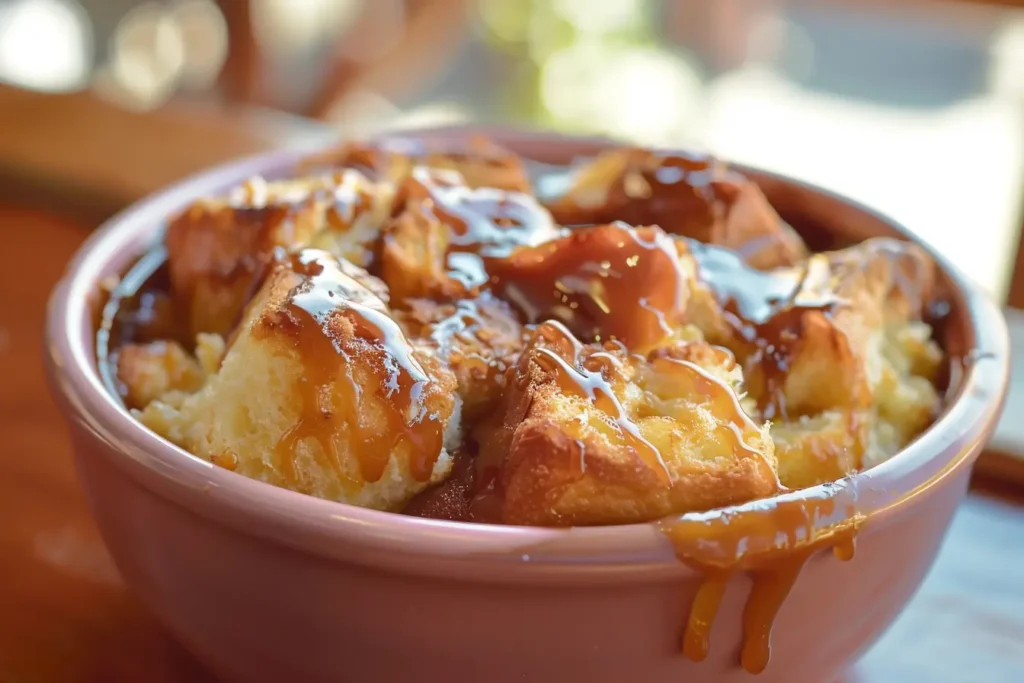 warm desserts - A close-up of warm bread pudding with caramel drizzle.