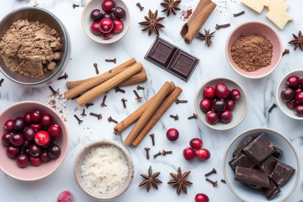 winter desserts - Essential ingredients for baking winter desserts including spices and chocolate.