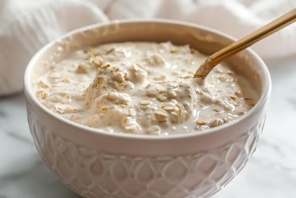 Blended Overnight Oats - A spoon stirring creamy blended overnight oats in a pink bowl