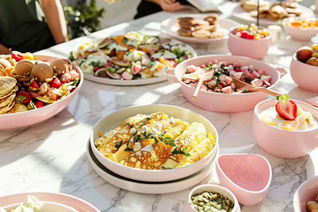 Brunch Hours - A relaxed outdoor brunch with a variety of dishes on a marble table.