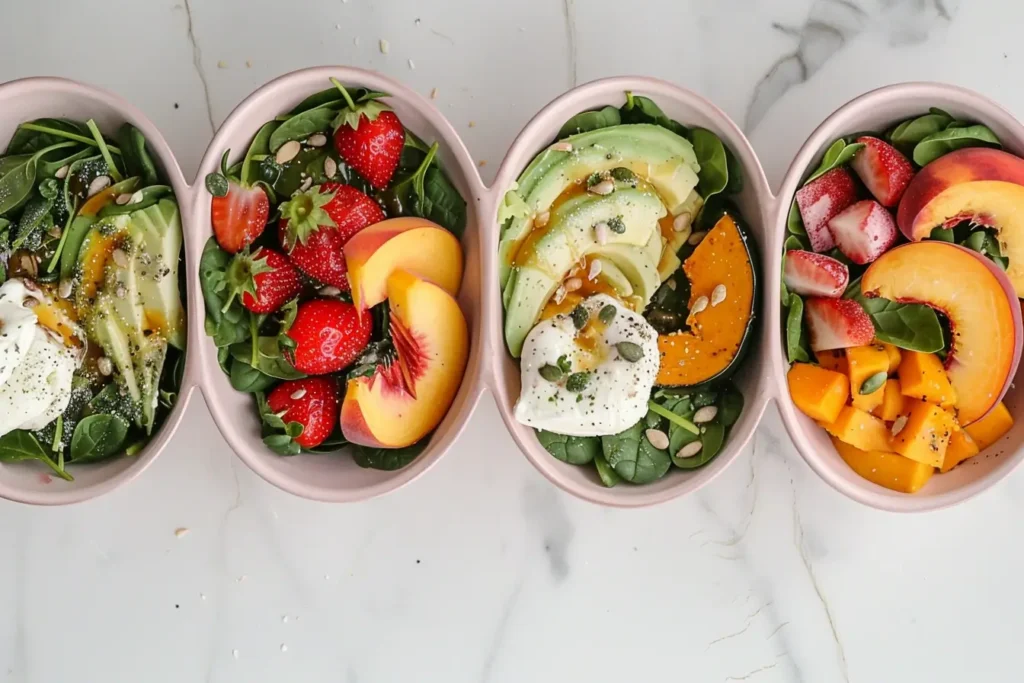 Brunch Salad - Four seasonal brunch salads, including strawberry spinach, peach burrata, pumpkin, and citrus avocado.