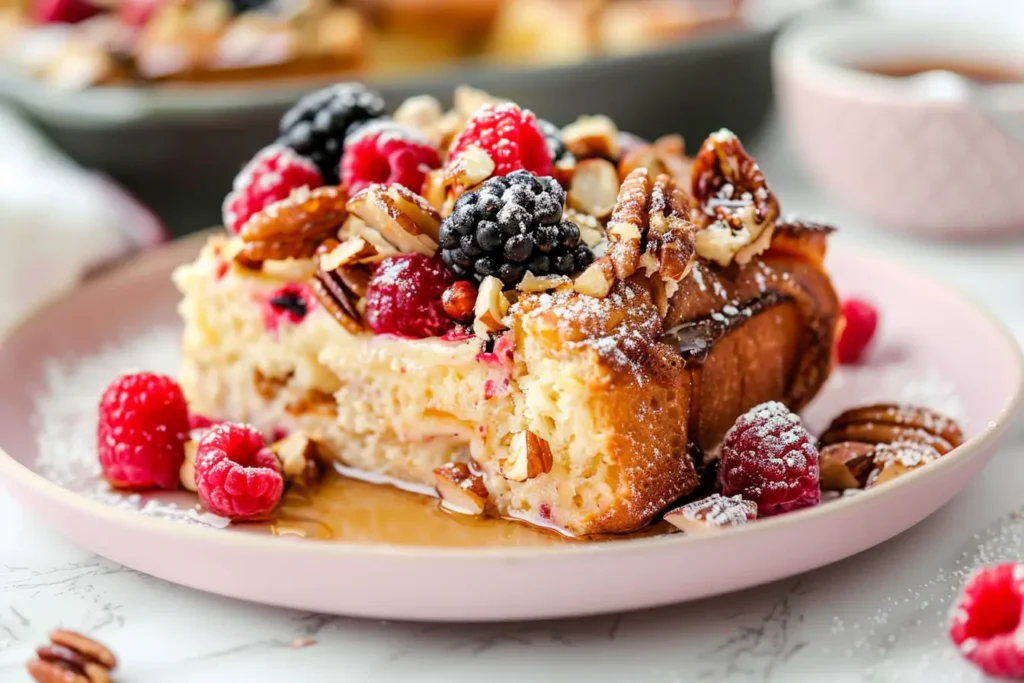 French Toast Casserole - A slice of French toast casserole topped with berries, nuts, and syrup.