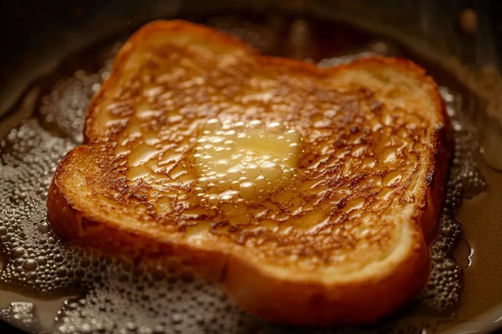 French toast without milk or eggs - A slice of French toast cooking in a pan with melted butter.