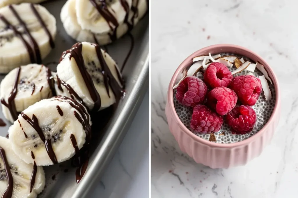 What are some good gluten and dairy free snacks - Frozen banana bites and coconut chia pudding with raspberries.